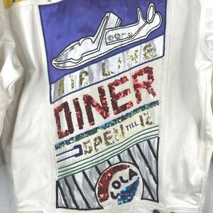 90's Unique Airline Diner Sequin Embellished Denim Jacket Women Size Medium